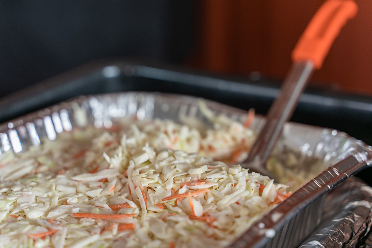 a pan of coleslaw